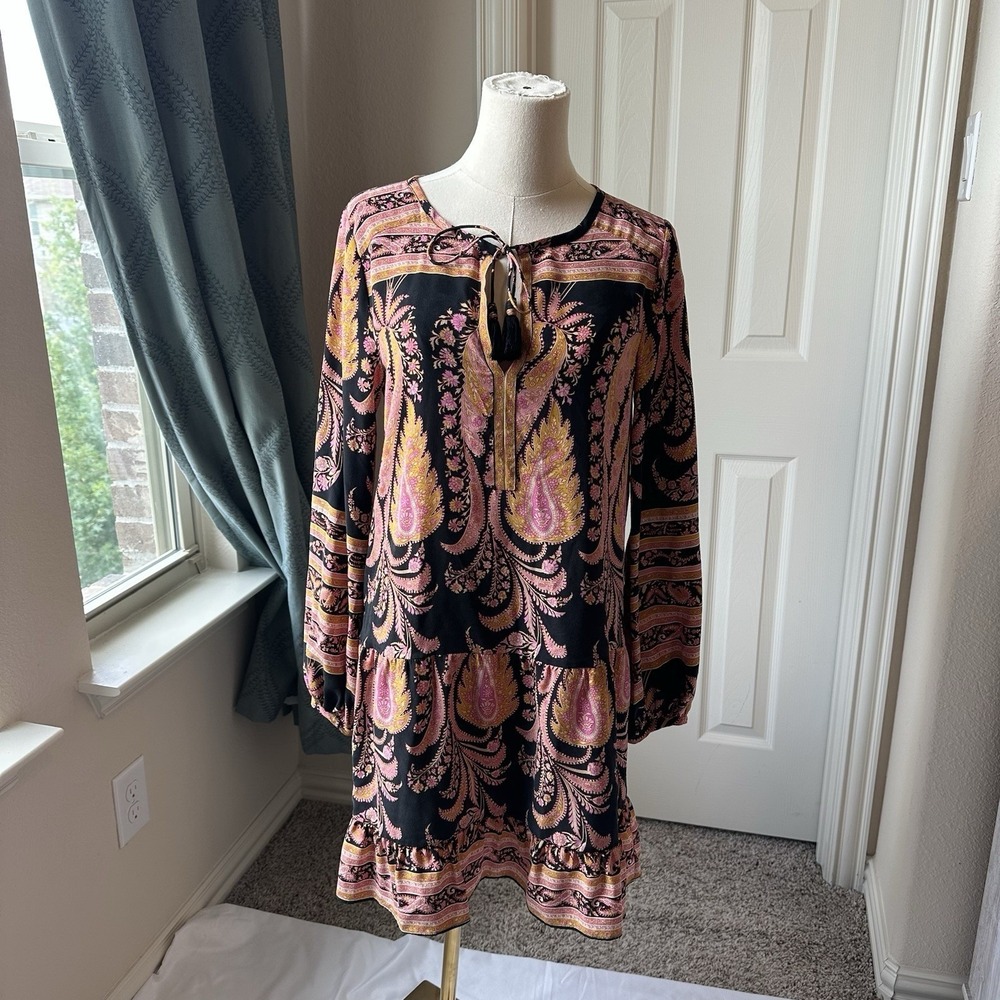 Calypso St Barth Paisley Print Silk Tassel‎ Tie Neck Long Sleeve Mini Dress XS